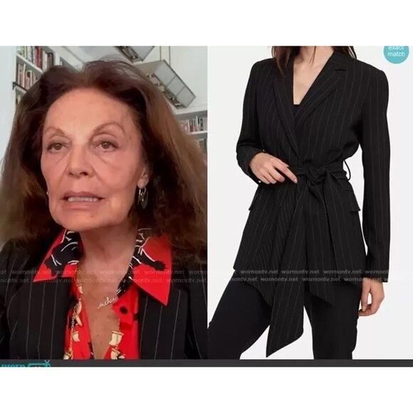 Diane Von Furstenberg Pin Stripe Blazer Asymmetrical Belted Jacket Black 12 $529 - Picture 1 of 11